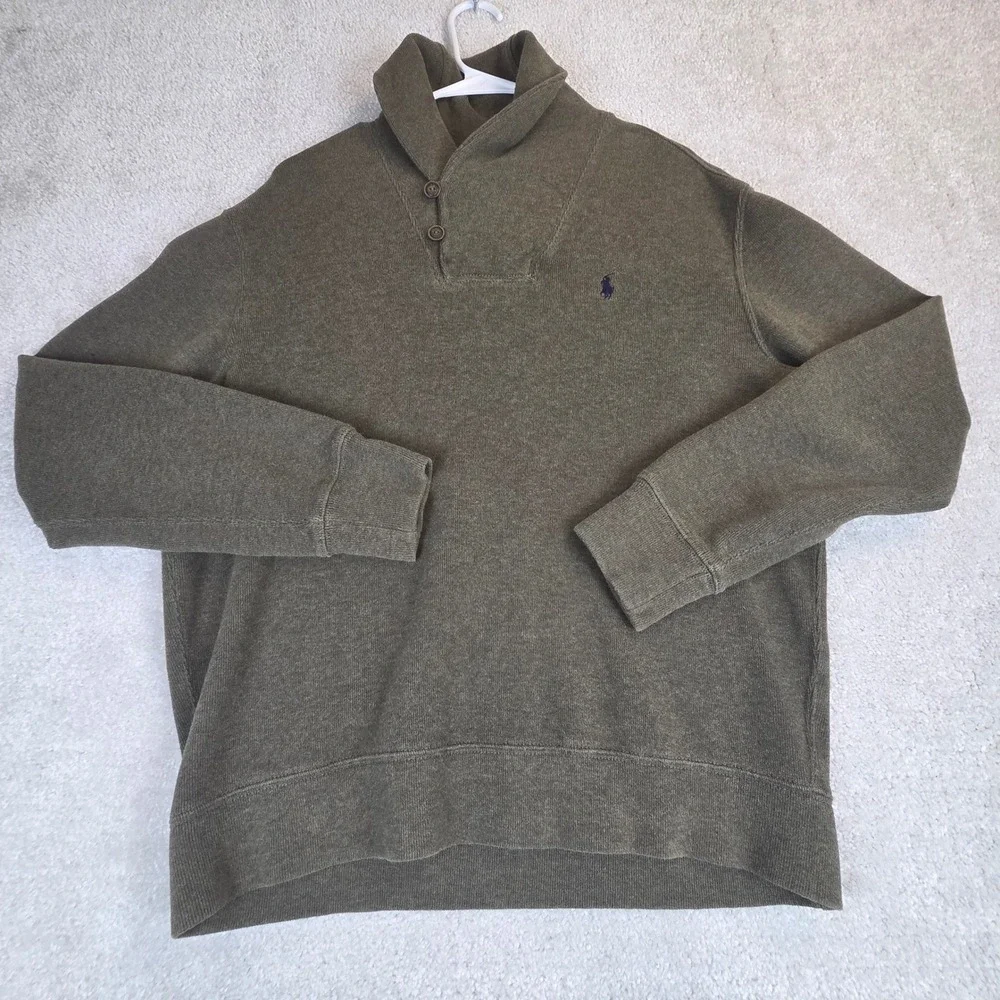 Polo Ralph Lauren Mens Olive Green Cotton Shawl Collar Pullover Sweater Large